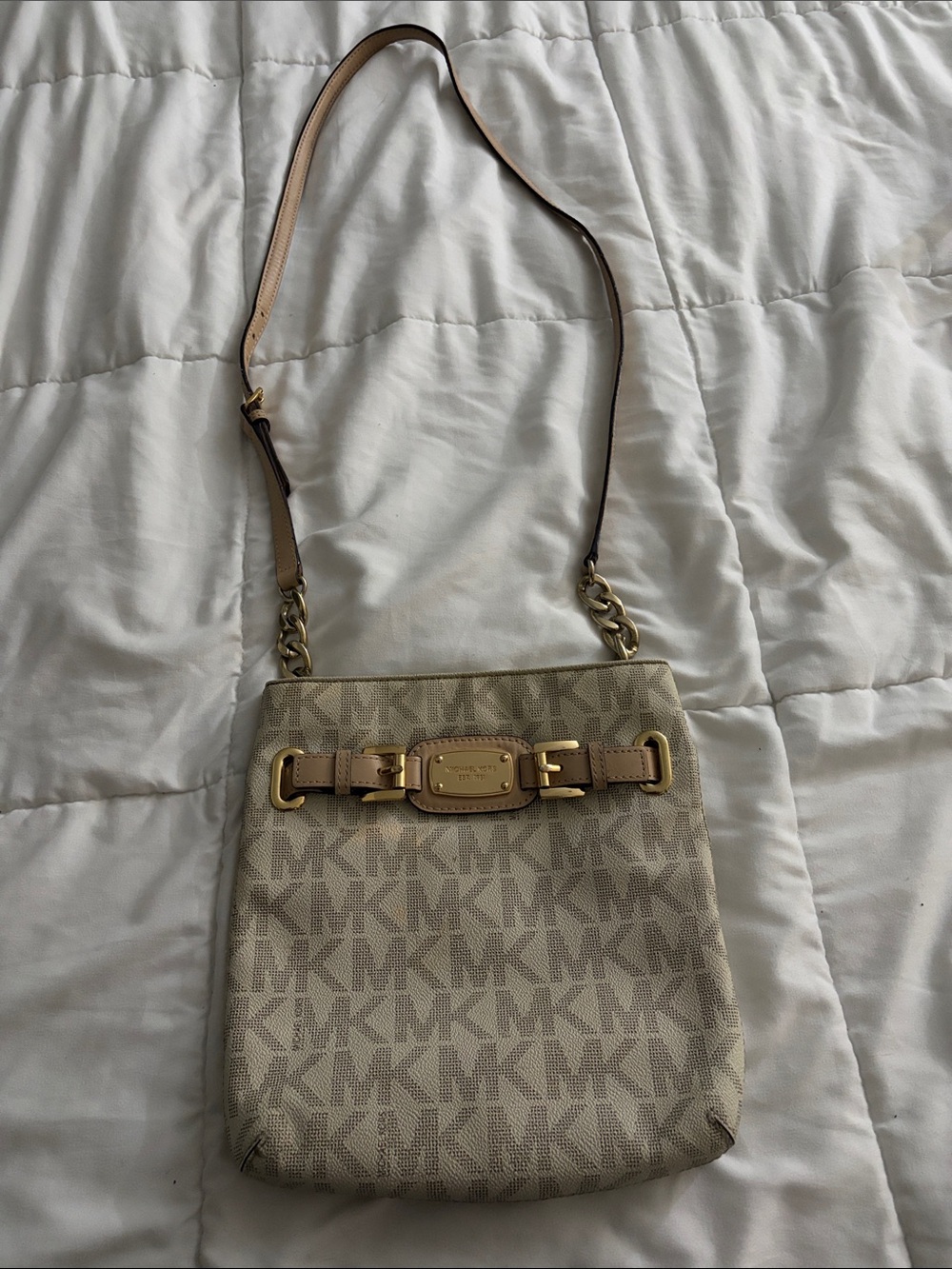 Michael Kors Beige Logo Crossbody with Gold Accents